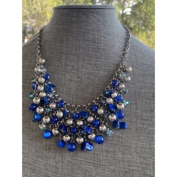 Necklace Fashion Apron Beaded Silver Tone Blue 19”+3” - Picture 5 of 9